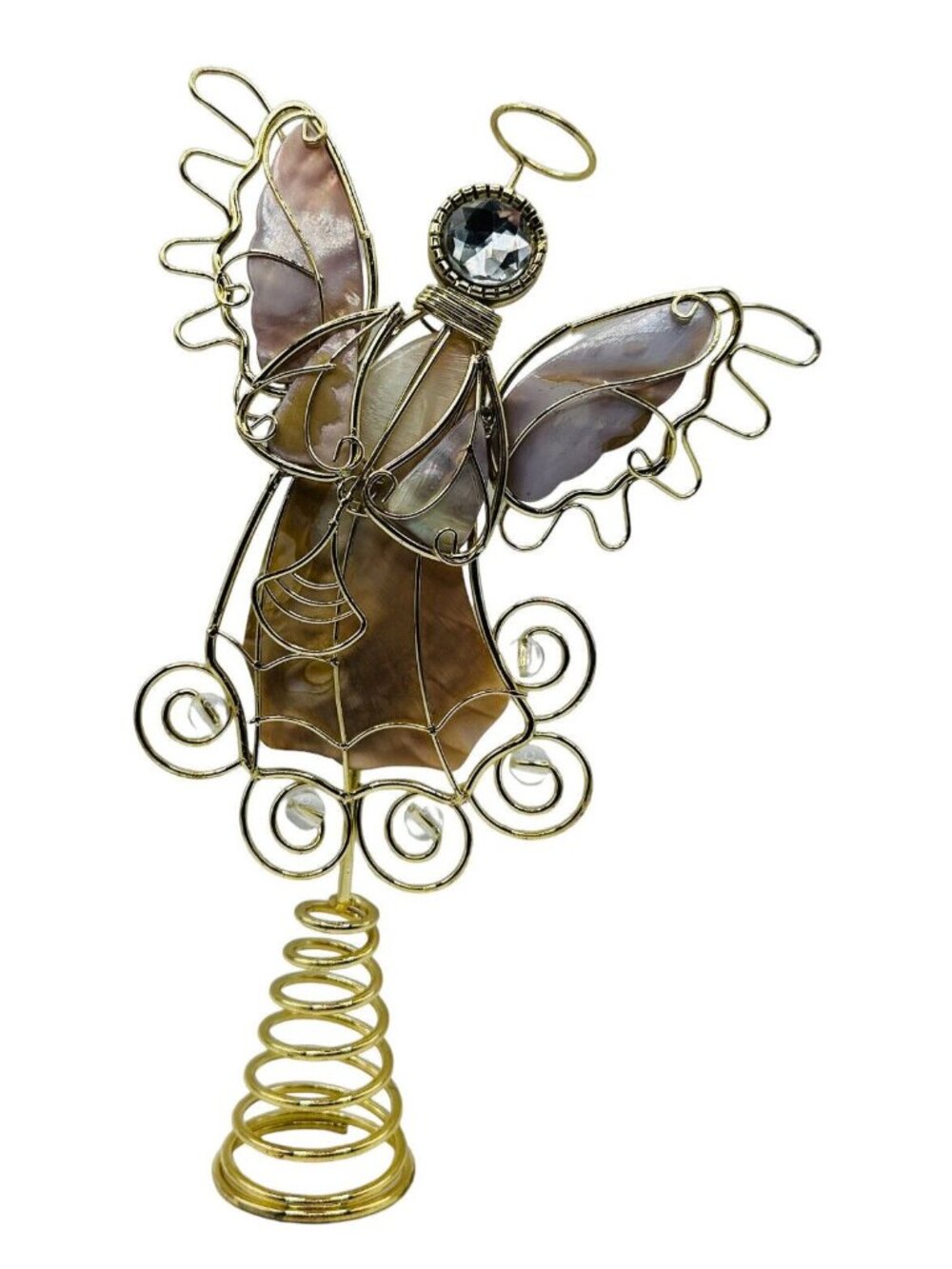 Christmas Angel Tree Topper Mother of Pearl Crystal Gold Wire 1990's